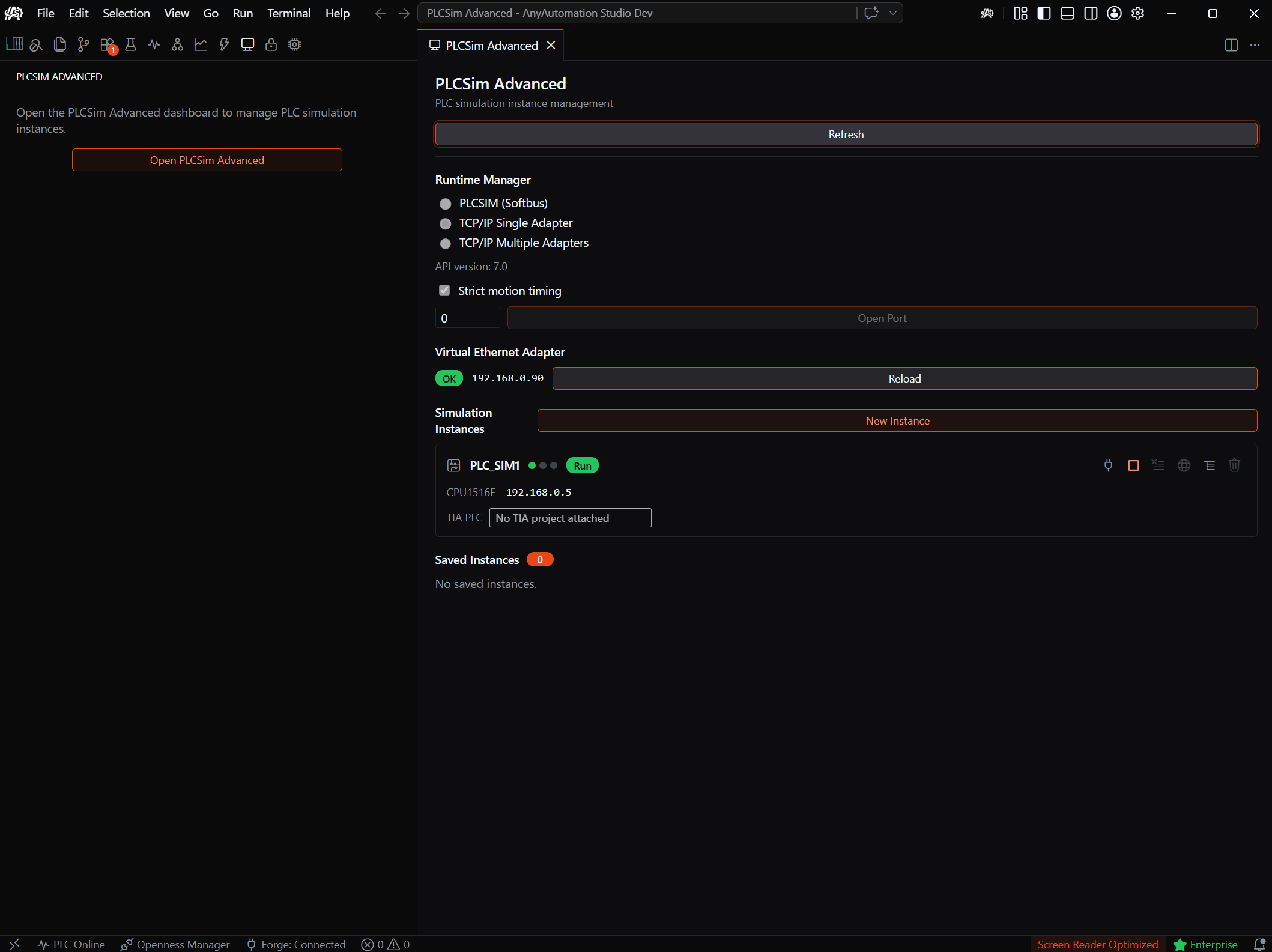 AnyAutomation Studio: PLCSIM-Advanced-Verwaltung